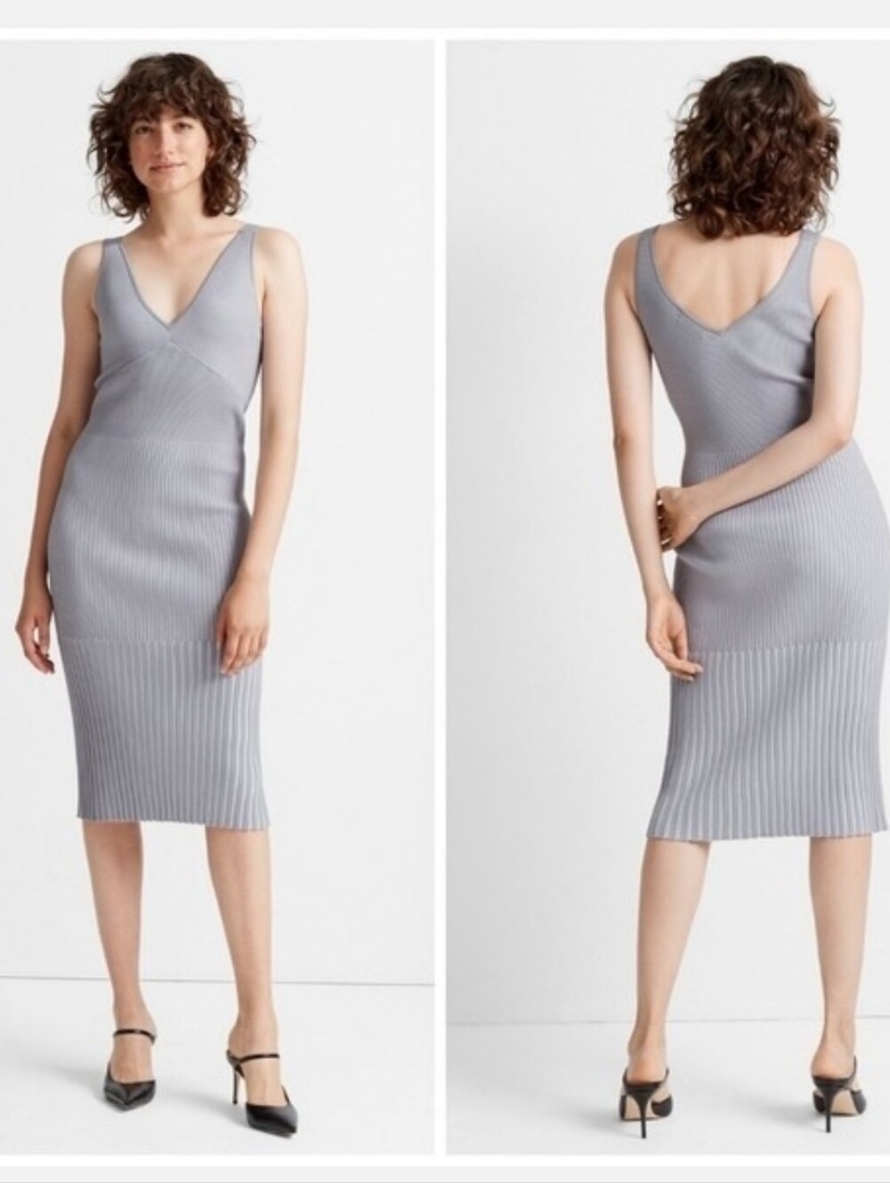 Club Monaco Ribbed V-Neck Sleeveless Midi Dress in Light Gray